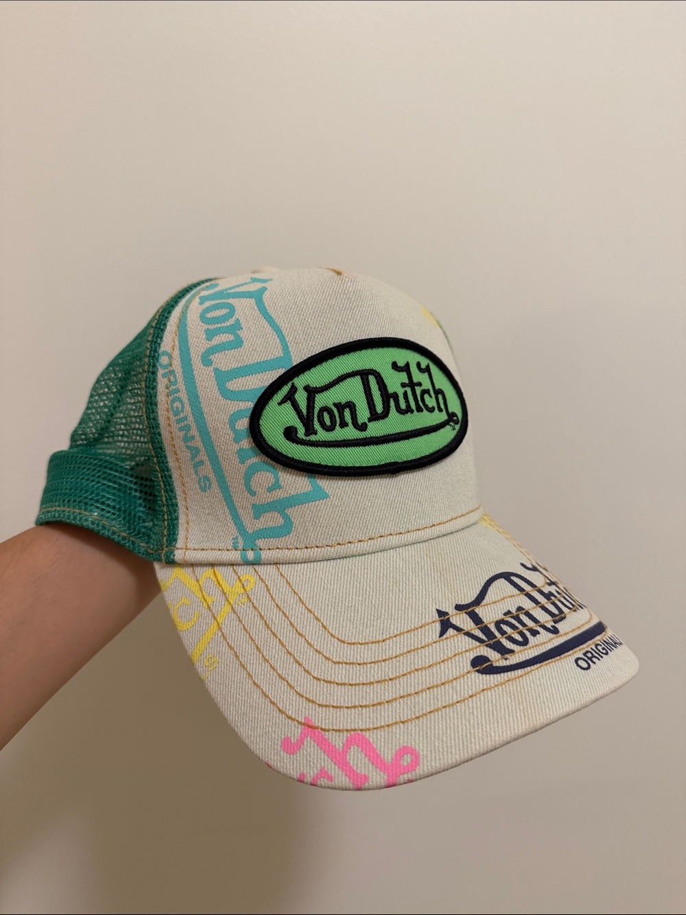 Von Dutch Cream & Green Logo Mesh Trucker Hat
